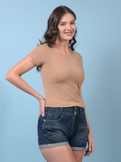 Women's Brown Jacquard T-Shirt-Women T-Shirts-Crimsoune Club