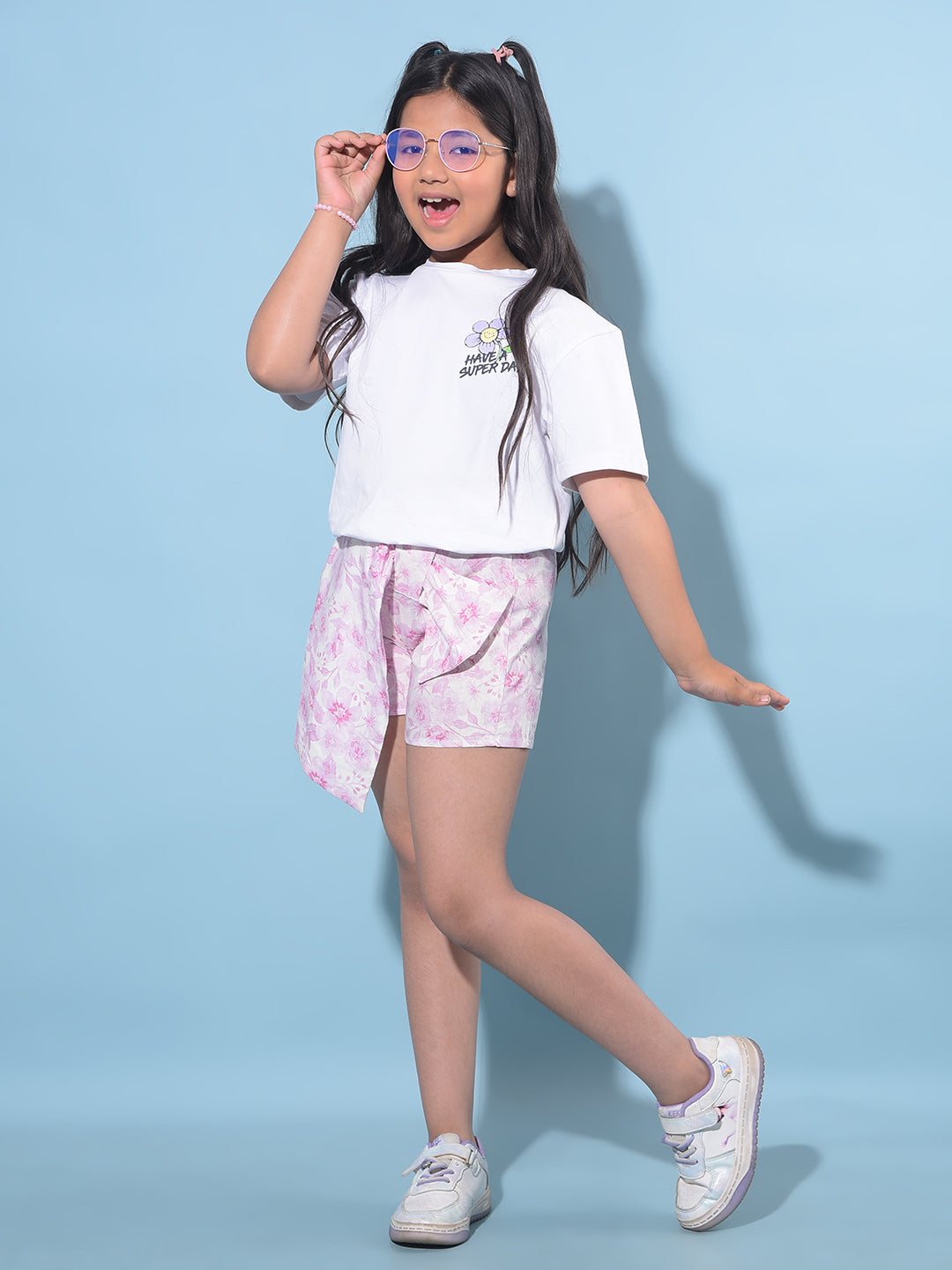 Pink Floral Printed Mid Thigh Hot Pants-Girls Shorts-Crimsoune Club