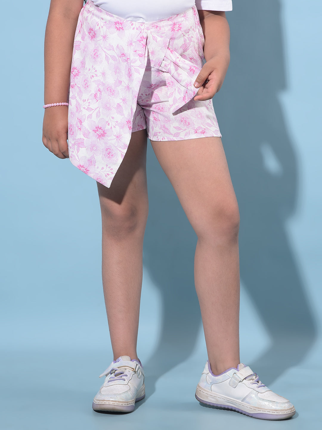 Pink Floral Printed Mid Thigh Hot Pants-Girls Shorts-Crimsoune Club