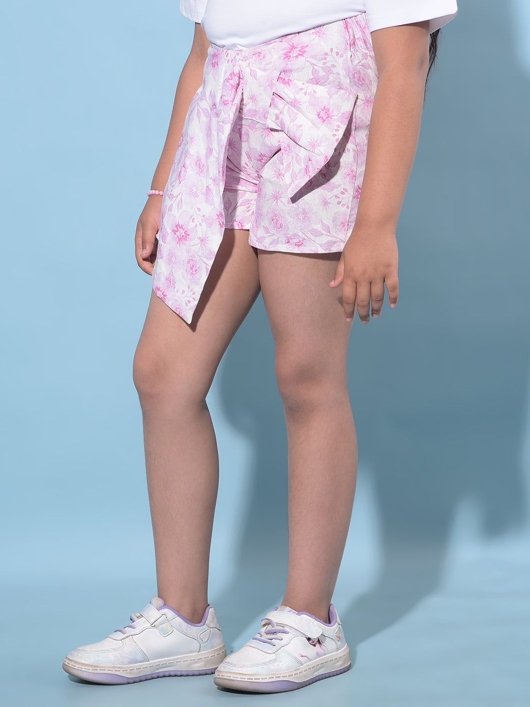 Pink Floral Printed Mid Thigh Hot Pants-Girls Shorts-Crimsoune Club