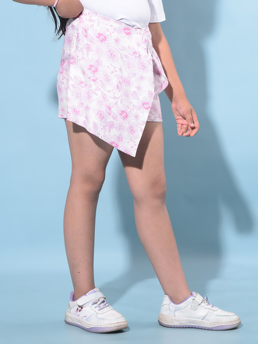 Pink Floral Printed Mid Thigh Hot Pants-Girls Shorts-Crimsoune Club