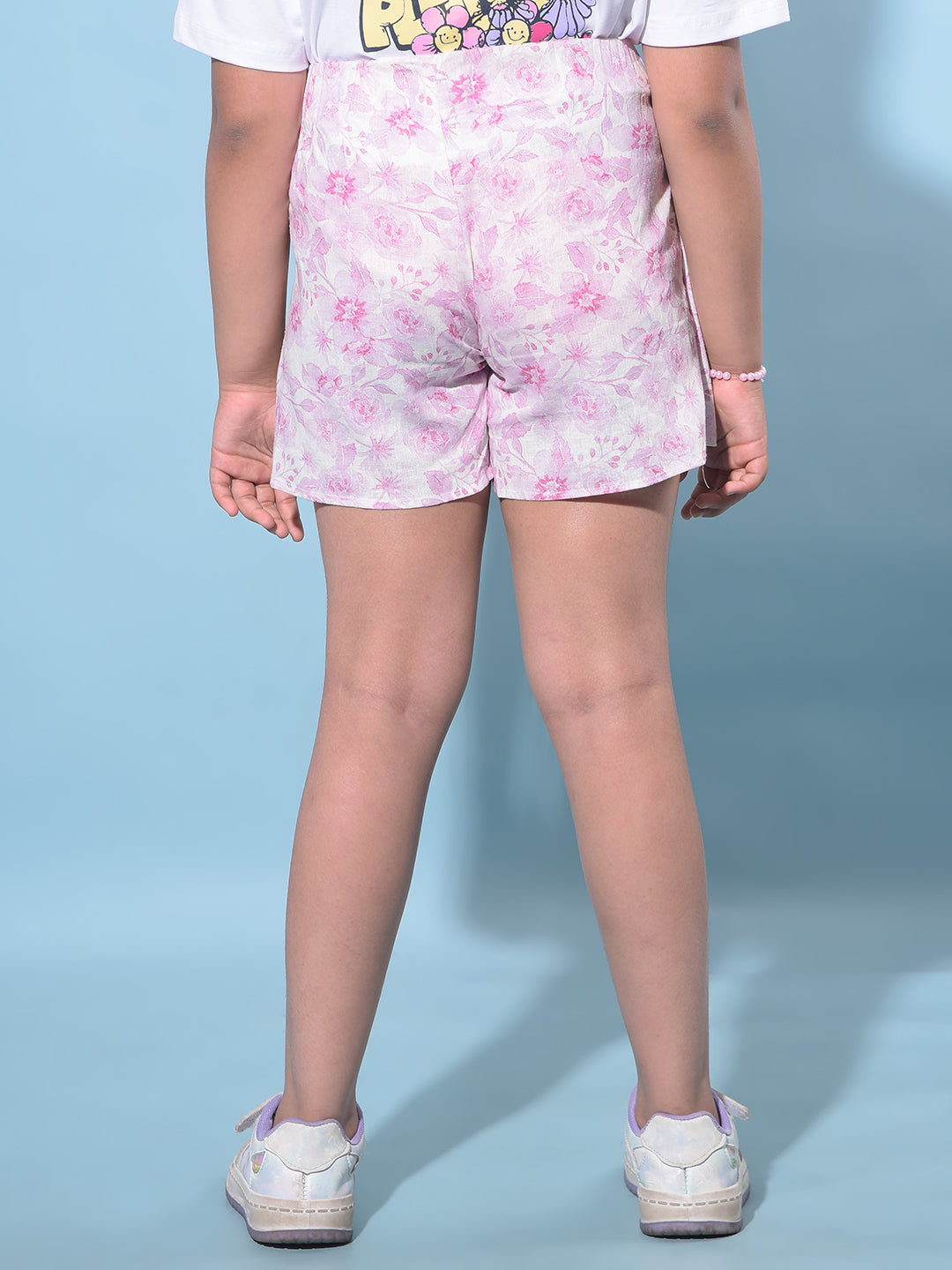 Pink Floral Printed Mid Thigh Hot Pants-Girls Shorts-Crimsoune Club