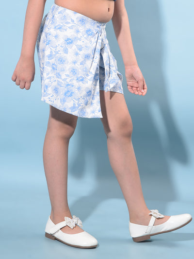 Blue Floral Printed Mid Thigh Hot Pants-Girls Shorts-Crimsoune Club