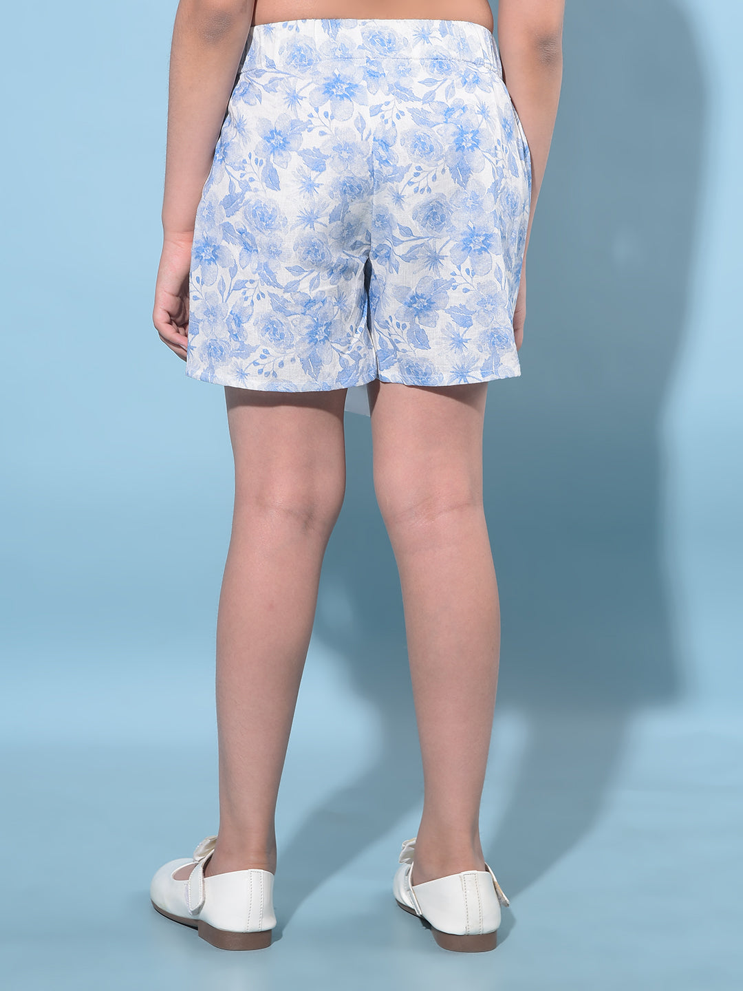 Blue Floral Printed Mid Thigh Hot Pants-Girls Shorts-Crimsoune Club
