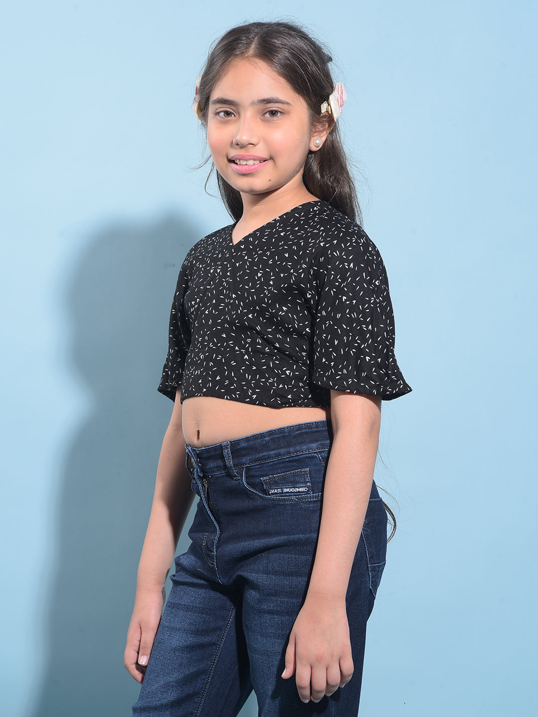 Black Printed 100% Lyocell Cropped Top-Girls Tops-Crimsoune Club