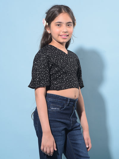 Black Printed 100% Lyocell Cropped Top-Girls Tops-Crimsoune Club