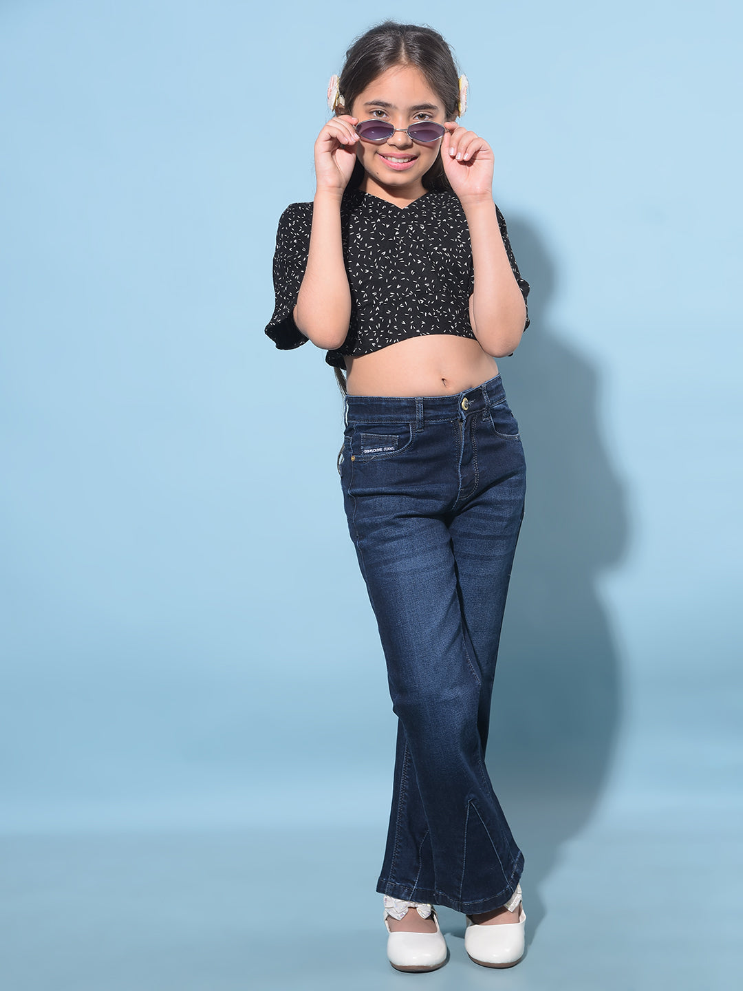 Black Printed 100% Lyocell Cropped Top-Girls Tops-Crimsoune Club