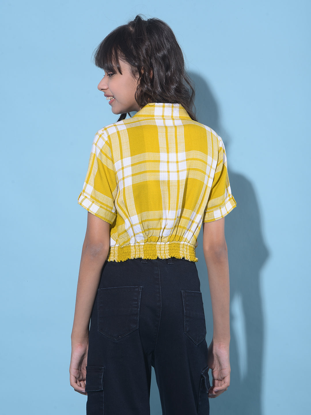 Mustard Tartan Check Crop Length Top-Girls Tops-Crimsoune Club