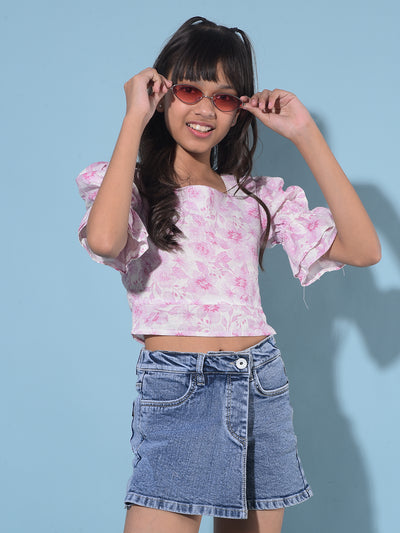 Pink Floral Print Crop Length Linen Top-Girls Tops-Crimsoune Club