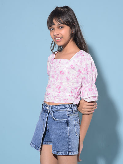 Pink Floral Print Crop Length Linen Top-Girls Tops-Crimsoune Club