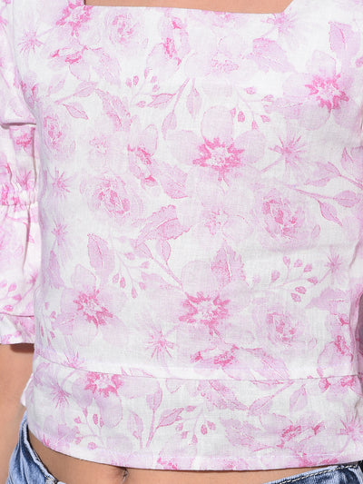 Pink Floral Print Crop Length Linen Top-Girls Tops-Crimsoune Club
