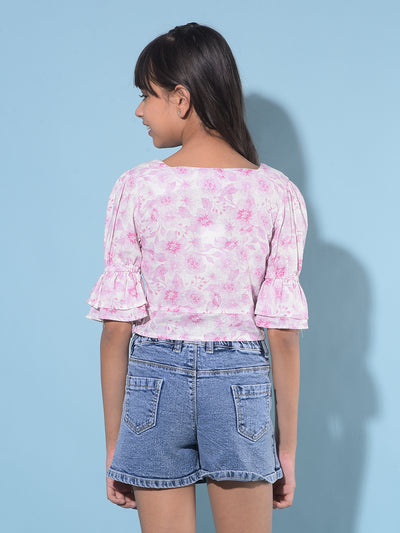 Pink Floral Print Crop Length Linen Top-Girls Tops-Crimsoune Club