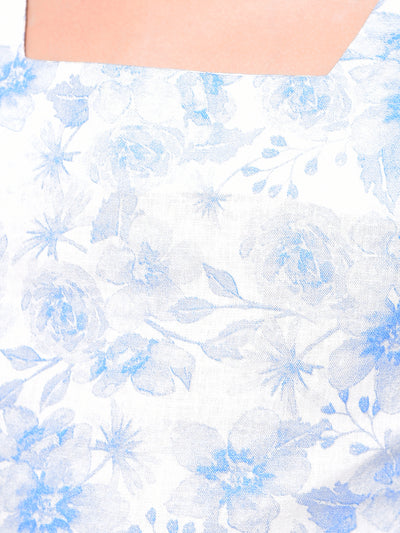 Blue Floral Print Crop Length Linen Top-Girls Tops-Crimsoune Club