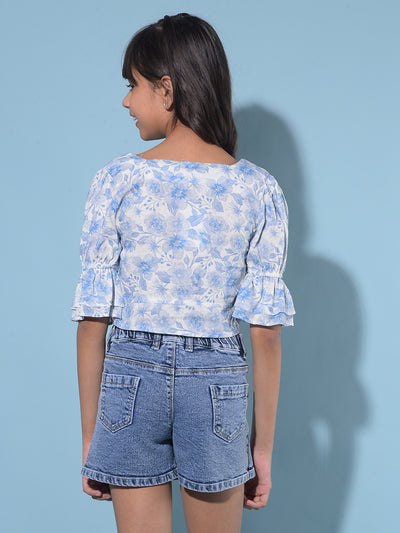 Blue Floral Print Crop Length Linen Top-Girls Tops-Crimsoune Club