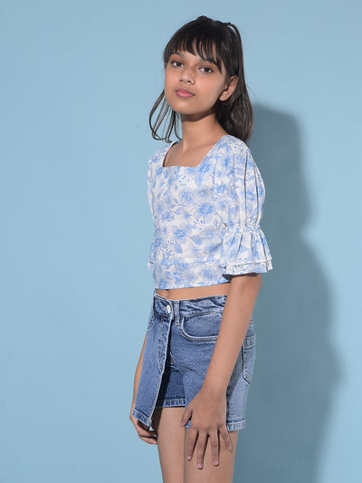 Blue Floral Print Crop Length Linen Top-Girls Tops-Crimsoune Club