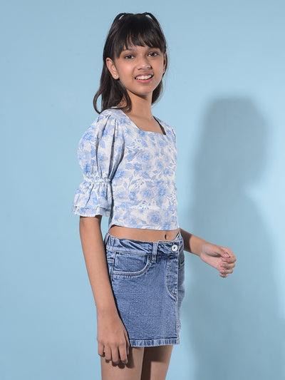 Blue Floral Print Crop Length Linen Top-Girls Tops-Crimsoune Club