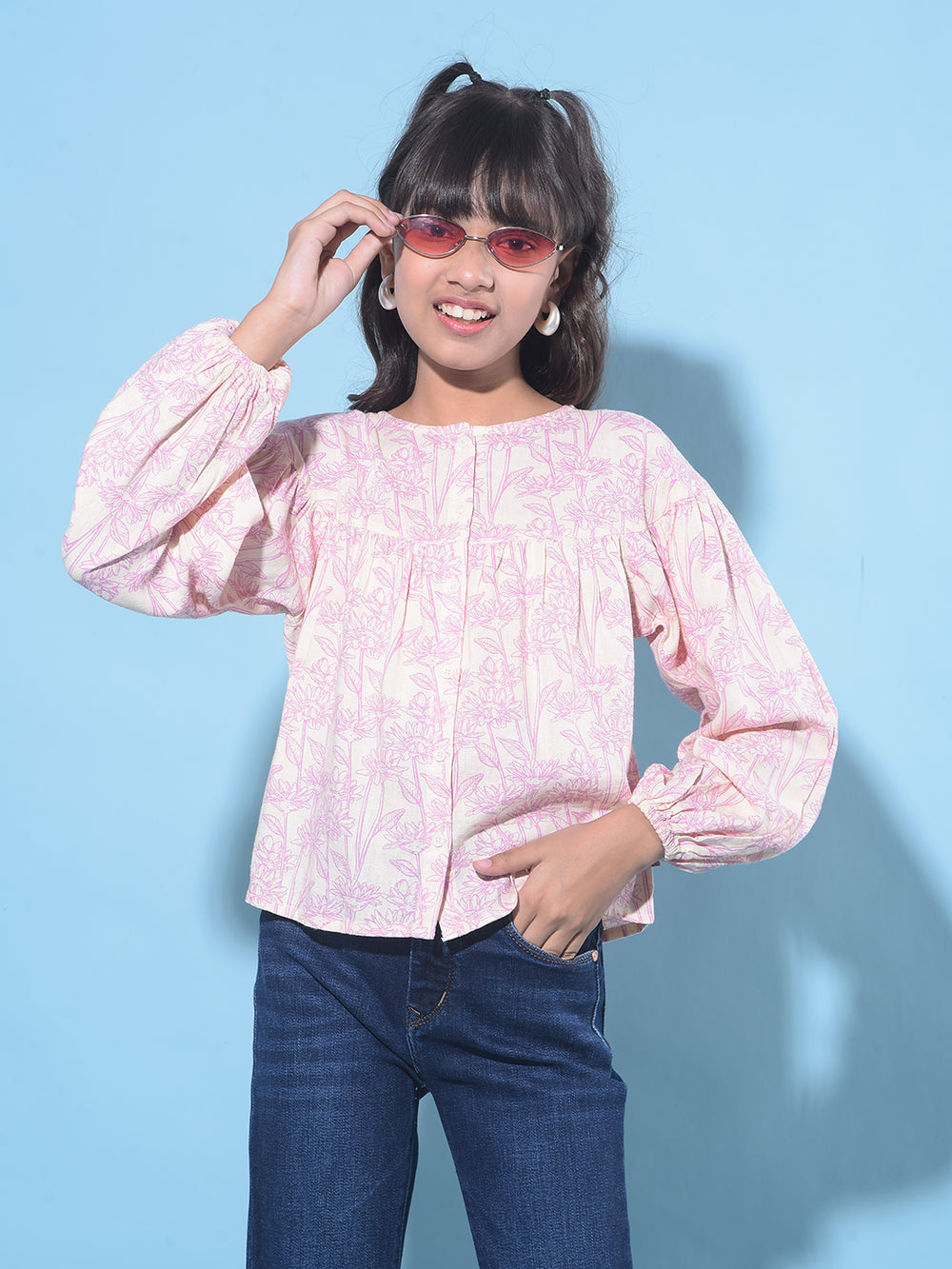 Purple Floral Print Linen Top-Girls Tops-Crimsoune Club