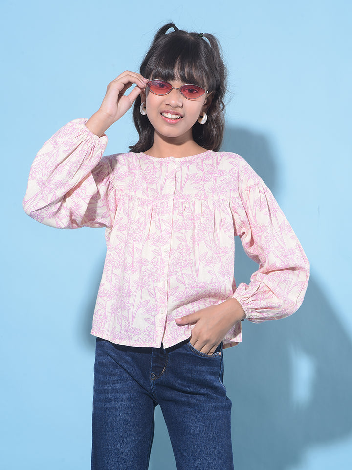 Purple Floral Print Linen Top-Girls Tops-Crimsoune Club