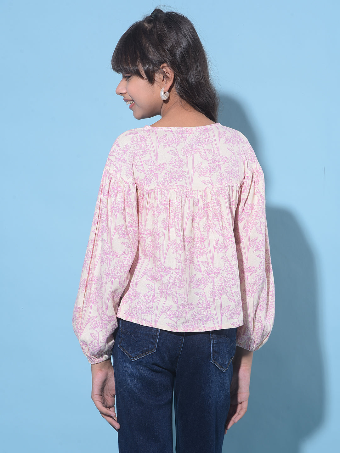 Purple Floral Print Linen Top-Girls Tops-Crimsoune Club