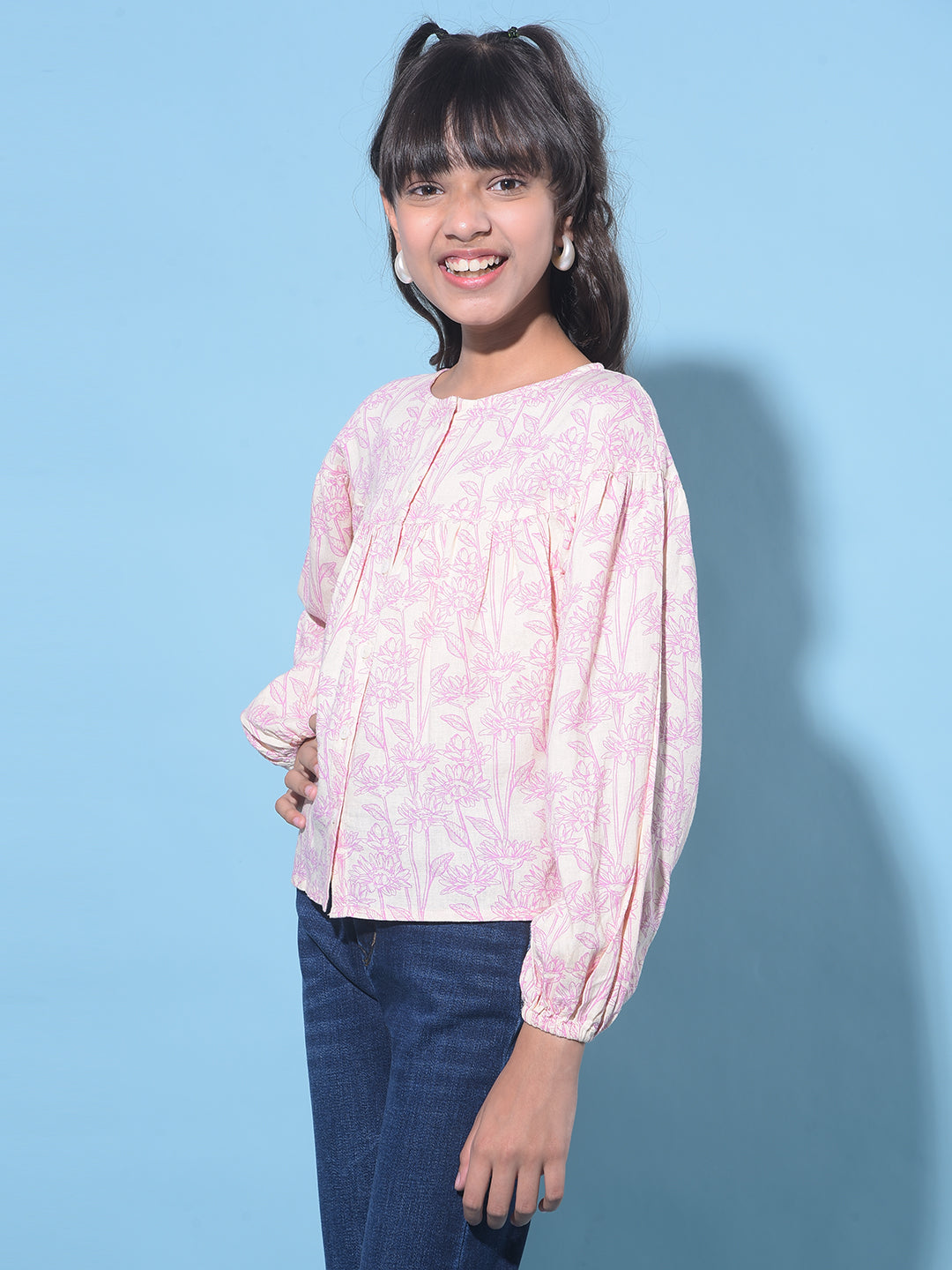 Purple Floral Print Linen Top-Girls Tops-Crimsoune Club