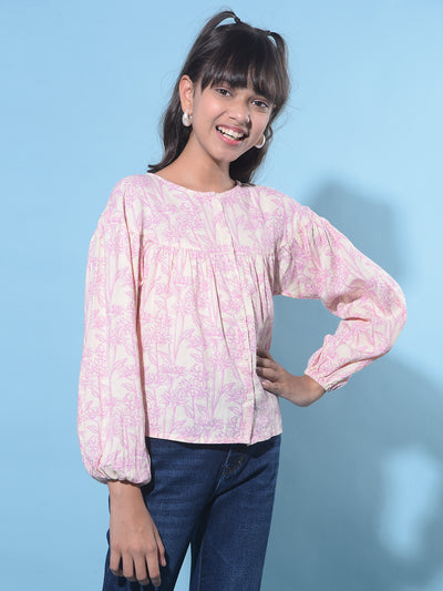 Purple Floral Print Linen Top-Girls Tops-Crimsoune Club