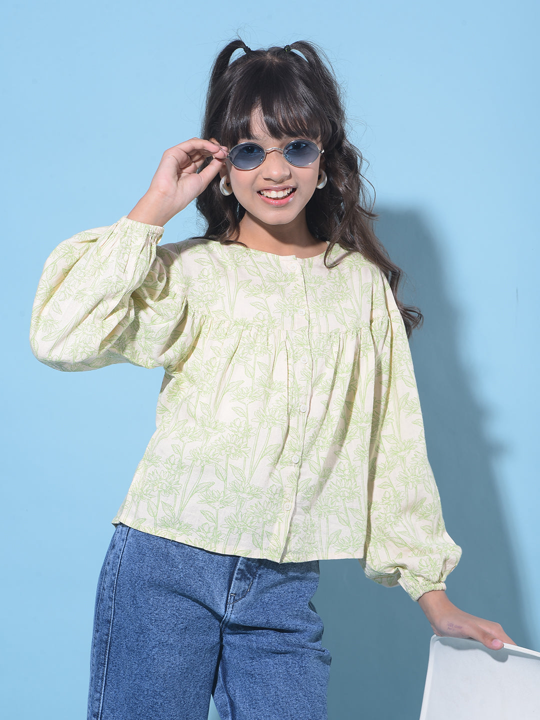 Green Floral Print Linen Top-Girls Tops-Crimsoune Club