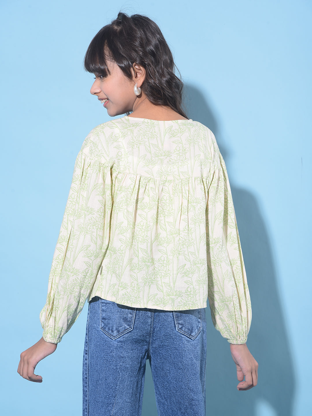 Green Floral Print Linen Top-Girls Tops-Crimsoune Club