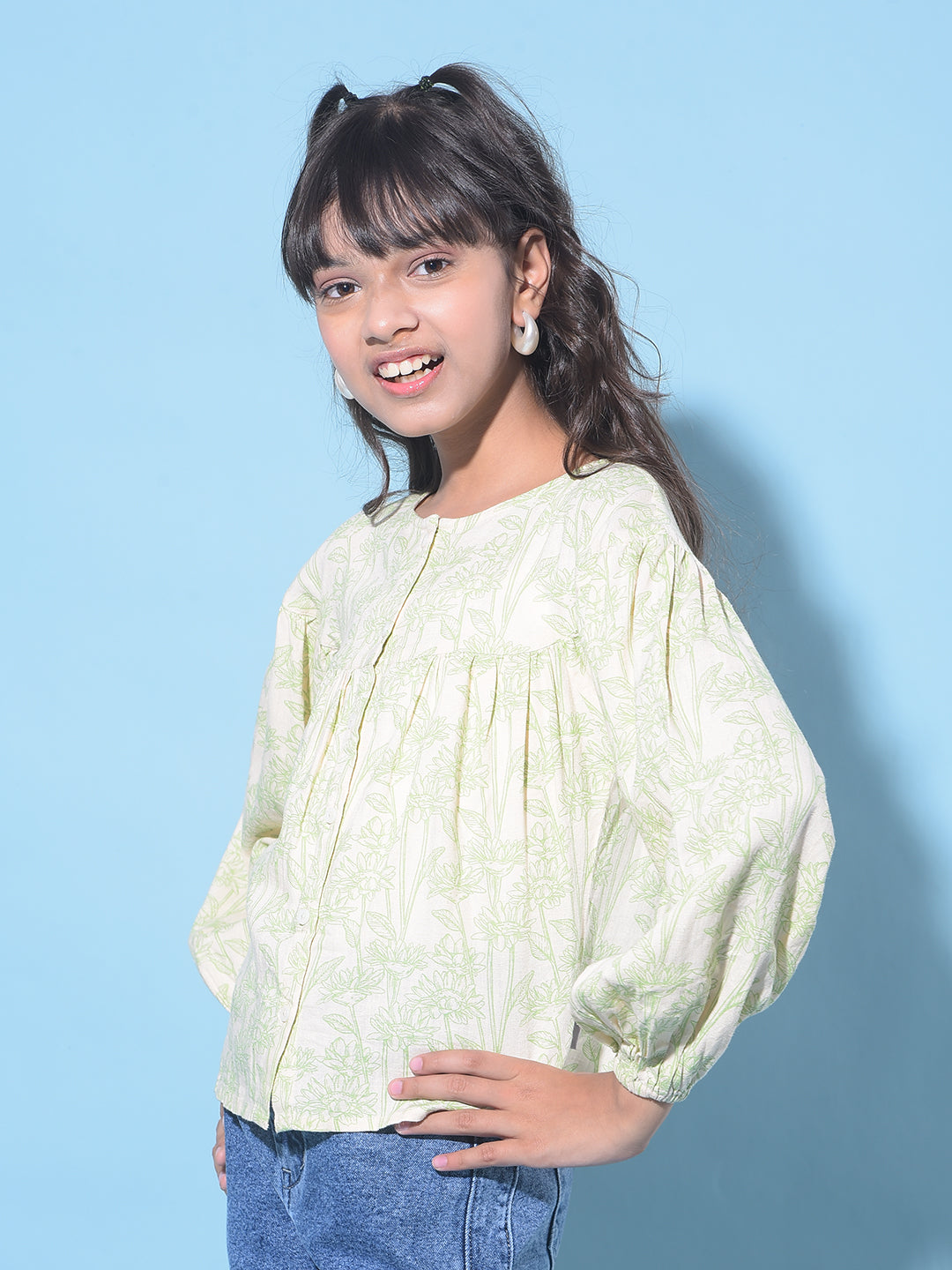 Green Floral Print Linen Top-Girls Tops-Crimsoune Club