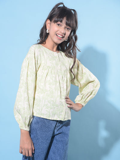 Green Floral Print Linen Top-Girls Tops-Crimsoune Club