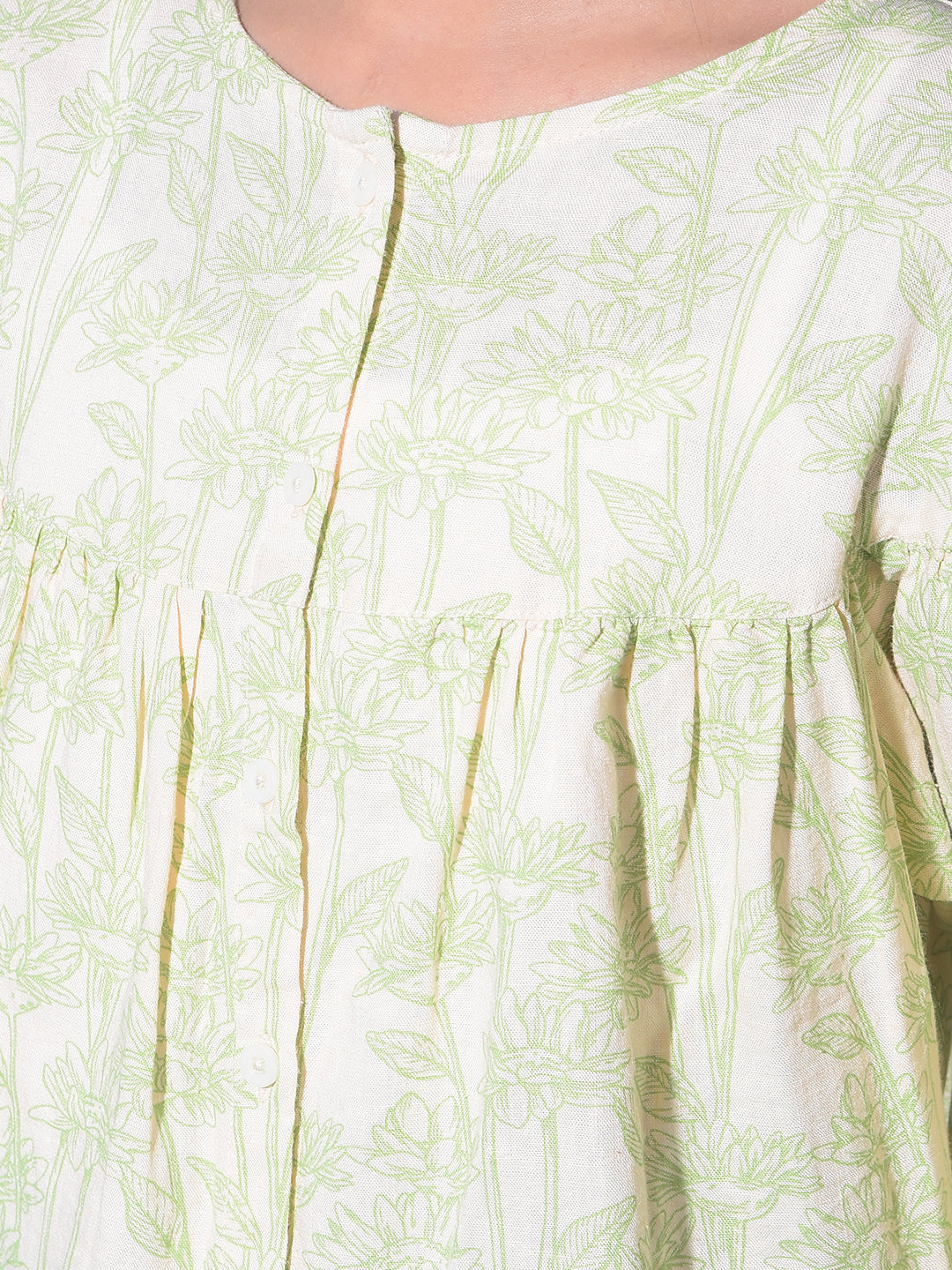 Green Floral Print Linen Top-Girls Tops-Crimsoune Club