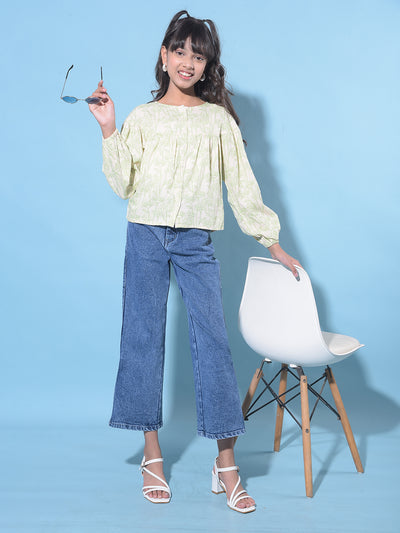 Green Floral Print Linen Top-Girls Tops-Crimsoune Club