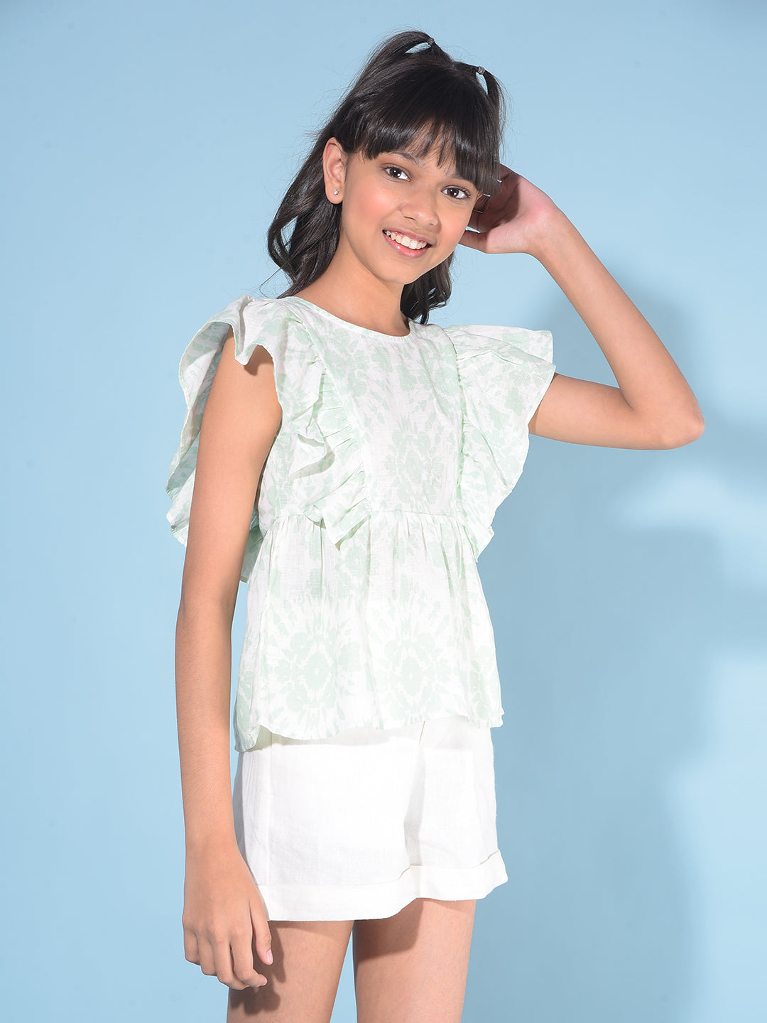 Green Floral Print Crop Length Linen Top-Girls Tops-Crimsoune Club