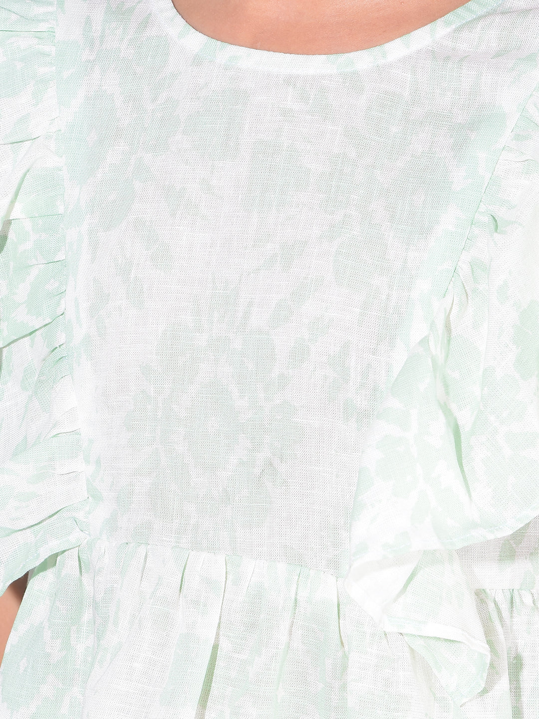 Green Floral Print Crop Length Linen Top-Girls Tops-Crimsoune Club