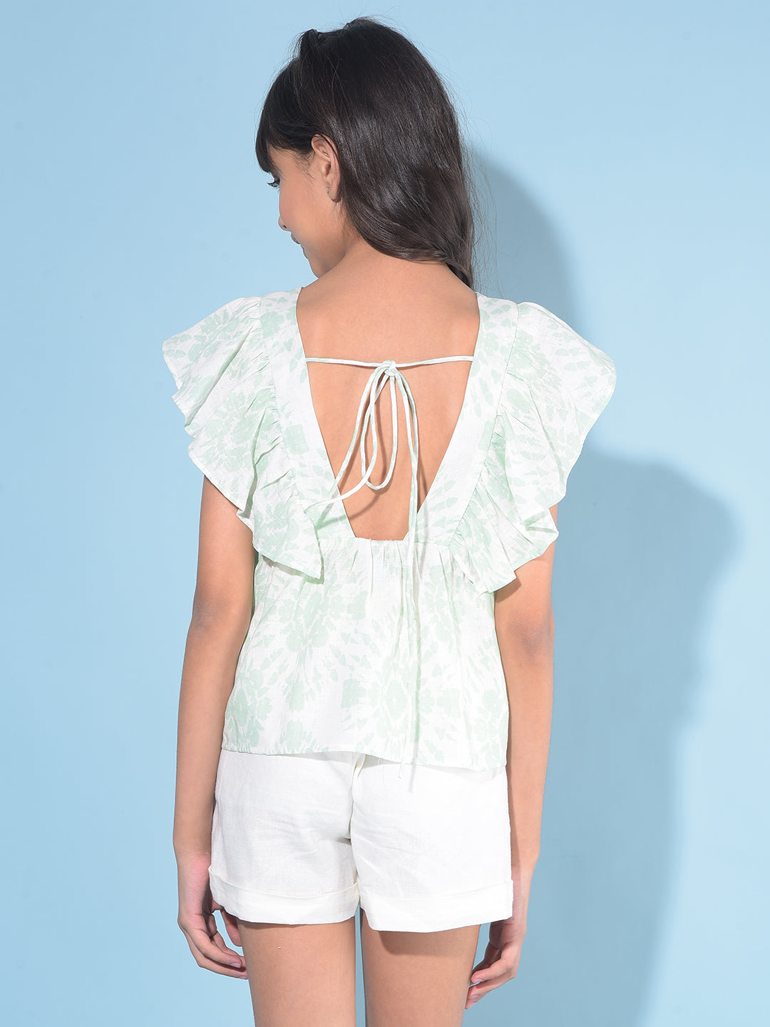 Green Floral Print Crop Length Linen Top-Girls Tops-Crimsoune Club