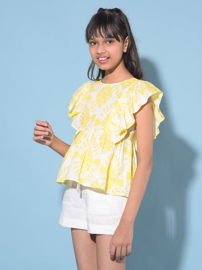 Yellow Floral Print Linen Top-Girls Tops-Crimsoune Club