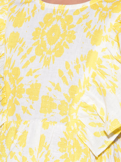 Yellow Floral Print Linen Top-Girls Tops-Crimsoune Club