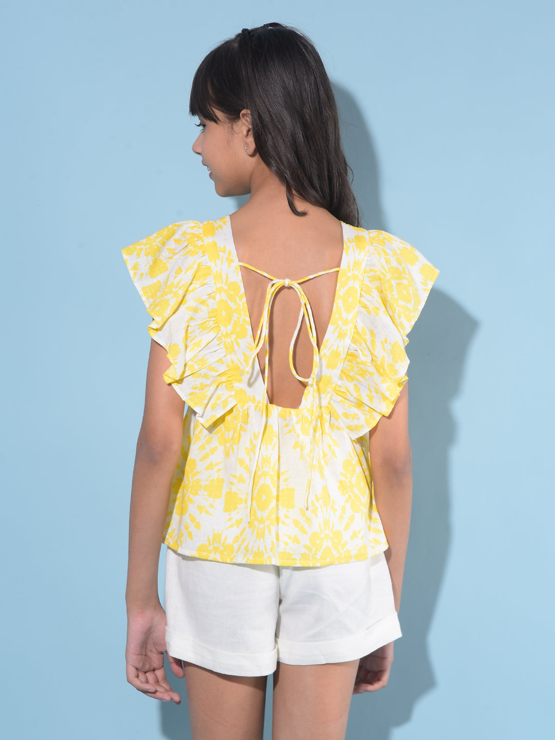 Yellow Floral Print Linen Top-Girls Tops-Crimsoune Club