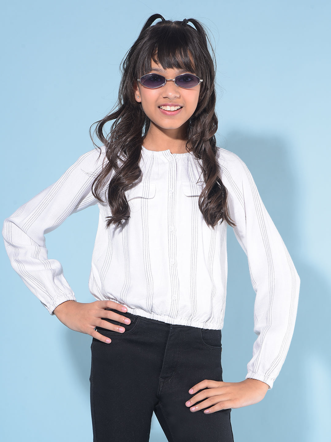 White Vertical Striped Top-Girls Tops-Crimsoune Club