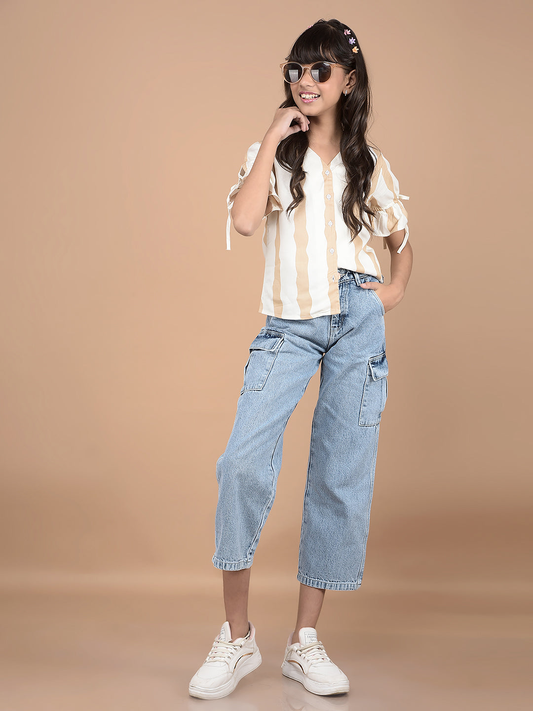 Beige Vertical Stripes Top-Girls Tops-Crimsoune Club