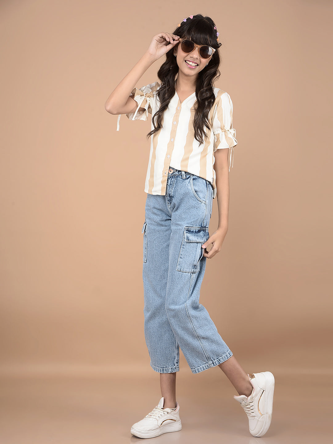 Beige Vertical Stripes Top-Girls Tops-Crimsoune Club