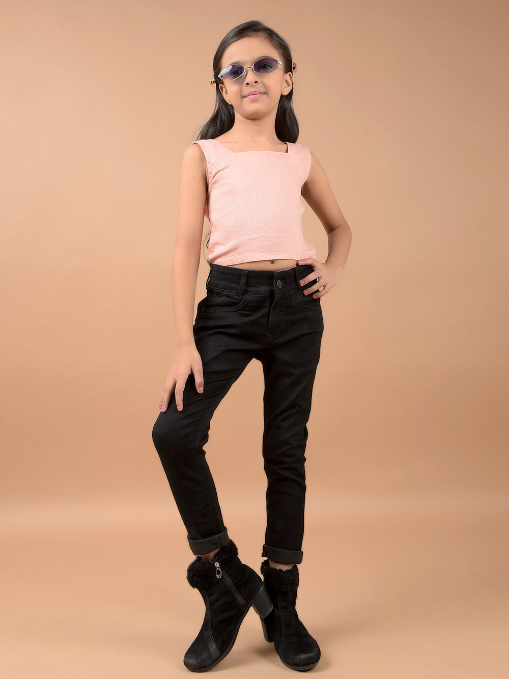 Peach Square Neck Sleeveless Linen Top-Girls Tops-Crimsoune Club