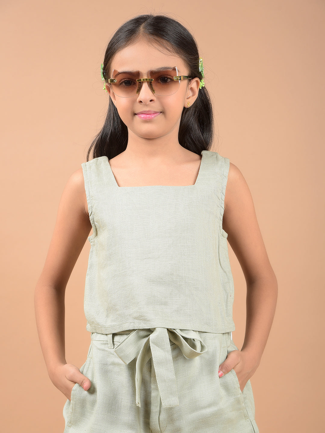 Olive Square Neck Sleeveless Linen Top-Girls Tops-Crimsoune Club
