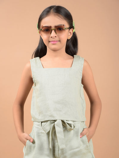 Olive Square Neck Sleeveless Linen Top-Girls Tops-Crimsoune Club