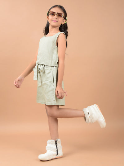 Olive Square Neck Sleeveless Linen Top-Girls Tops-Crimsoune Club