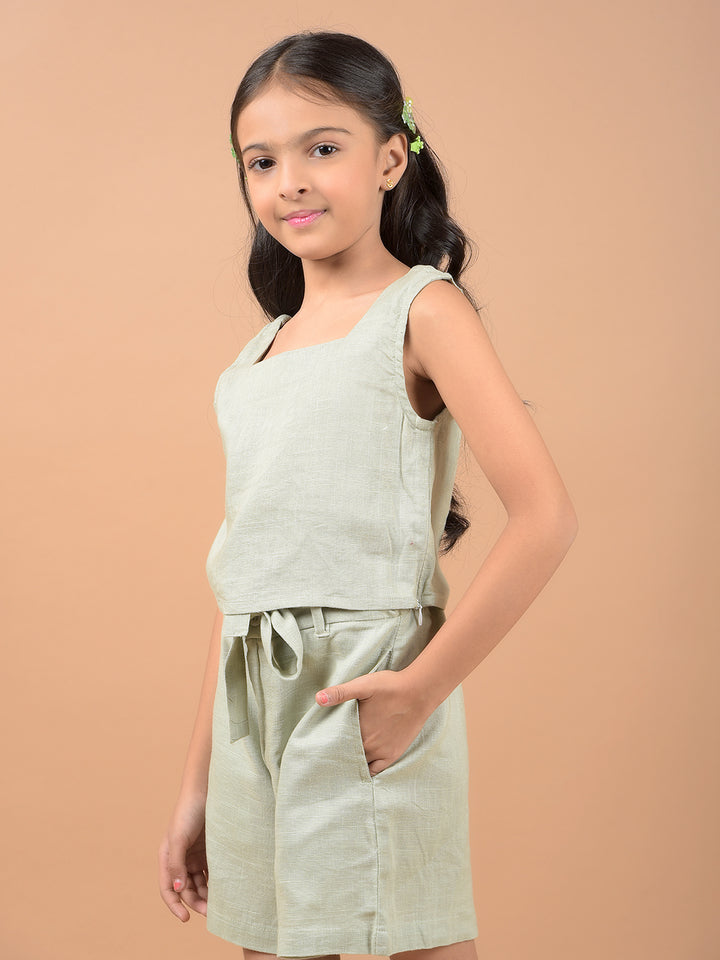 Olive Square Neck Sleeveless Linen Top-Girls Tops-Crimsoune Club