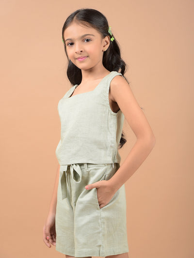 Olive Square Neck Sleeveless Linen Top-Girls Tops-Crimsoune Club