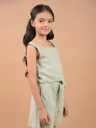 Olive Square Neck Sleeveless Linen Top-Girls Tops-Crimsoune Club