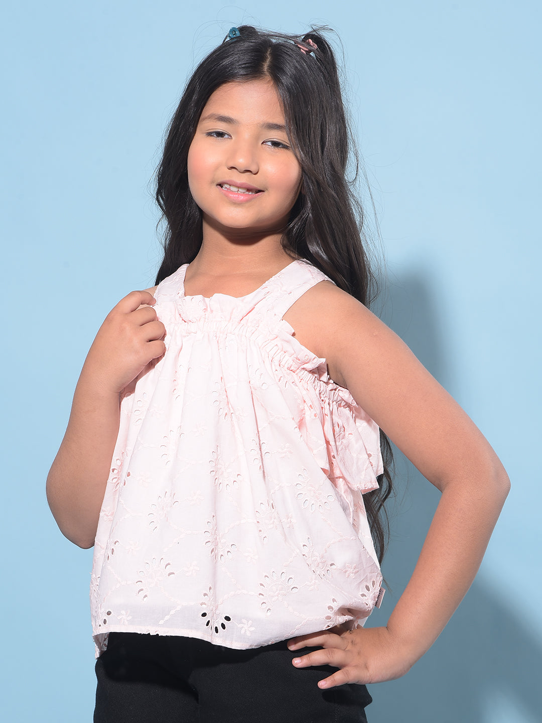 Peach Embroidered 100% Cotton Top-Girls Tops-Crimsoune Club