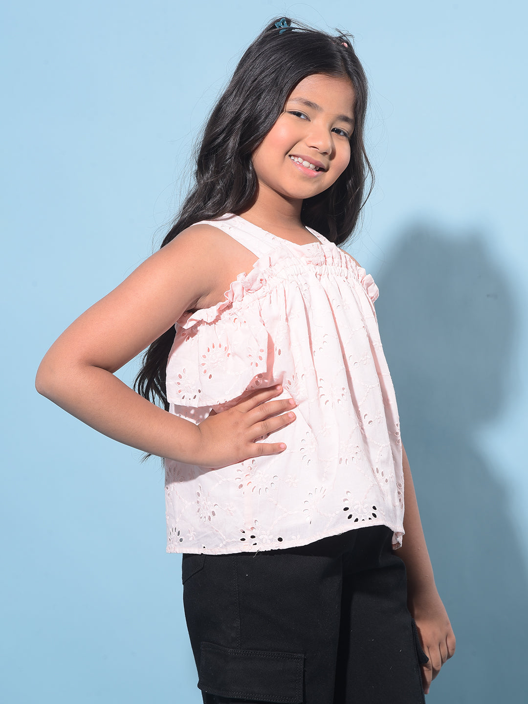 Peach Embroidered 100% Cotton Top-Girls Tops-Crimsoune Club