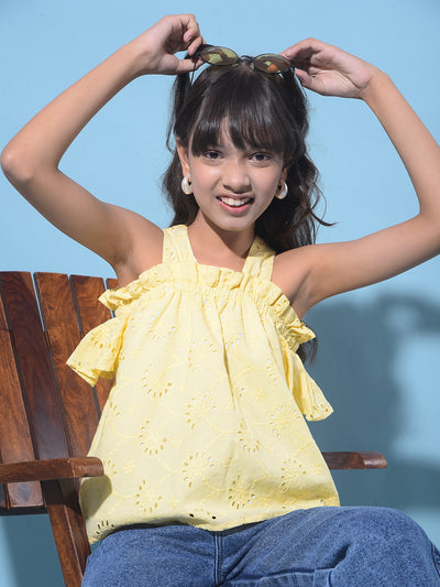 Yellow Embroidered 100% Cotton Top-Girls Tops-Crimsoune Club